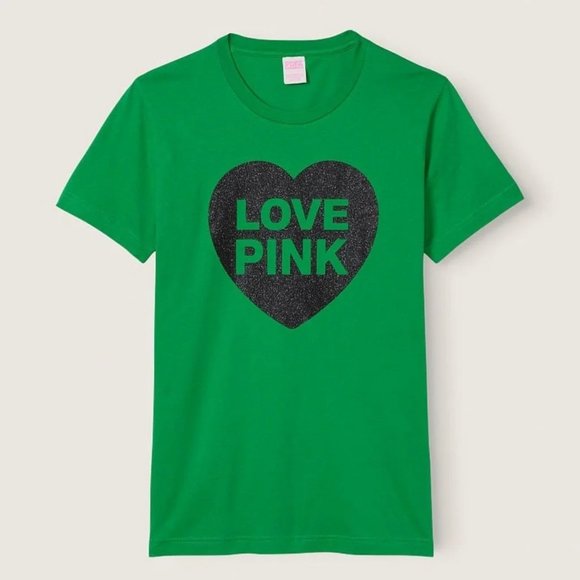 Victoria's Secret LOVE PINK Green St PATRICK'S DAY Black Glitter Heart T-SHIRT L - Picture 2 of 12